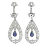 A pair of sapphire and vari-cut diamond drop earrings.Total sapphire weight 1.59cts based on