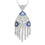 A sapphire and vari-cut diamond geometric fringe pendant, on chain.