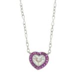 A heart-shape diamond and ruby pendant,