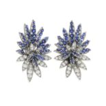 A pair of 18ct gold vari-cut diamond and sapphire spray earrings.Fittings for unpierced