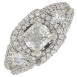 A square-shape diamond cluster ring, with brilliant-cut diamond surround and shoulders.