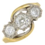 An 18ct gold old-cut diamond three-stone ring.Estimated total diamond weight 0.60ct,