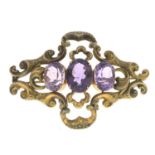 A late 19th century gold amethyst brooch.Length 6.2cms.