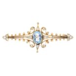 A cushion-shape aquamarine and vari-cut diamond bar brooch.Aquamarine calculated weight 1.35cts,