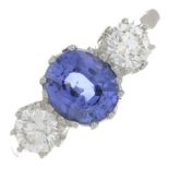A sapphire and brilliant-cut diamond three-stone ring.Sapphire calculated weight 1.80cts,