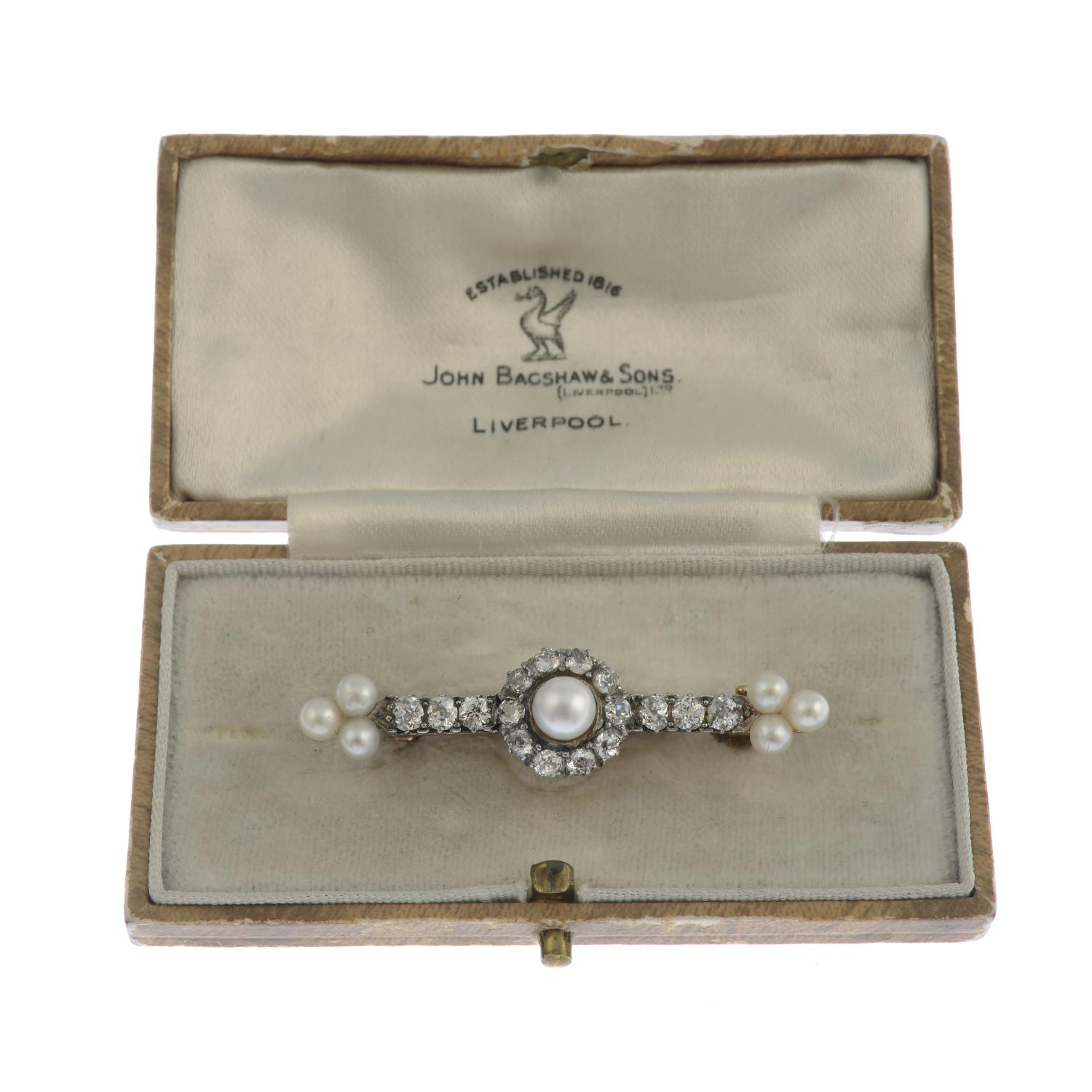 A late Victorian silver and gold old-cut diamond and cultured pearl bar brooch.Estimated total - Image 3 of 3