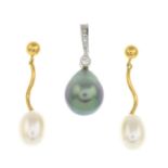 A cultured pearl and circular-cut diamond pendant,