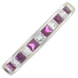 An 18ct gold ruby and square-shape diamond half eternity ring.Total ruby weight 0.63ct,
