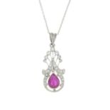 A ruby and brilliant-cut diamond openwork pendant,
