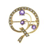 A 9ct gold amethyst and split pearl brooch.Hallmarks for London, 1989.Length 3.3cms.