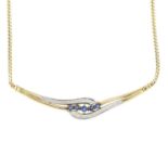 A 9ct sapphire and diamond necklace.Import marks for London, 1987.Length 41cms.