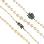 Three cultured pearl necklaces and a pair of cultured pearl earrings.Two clasps with marks to