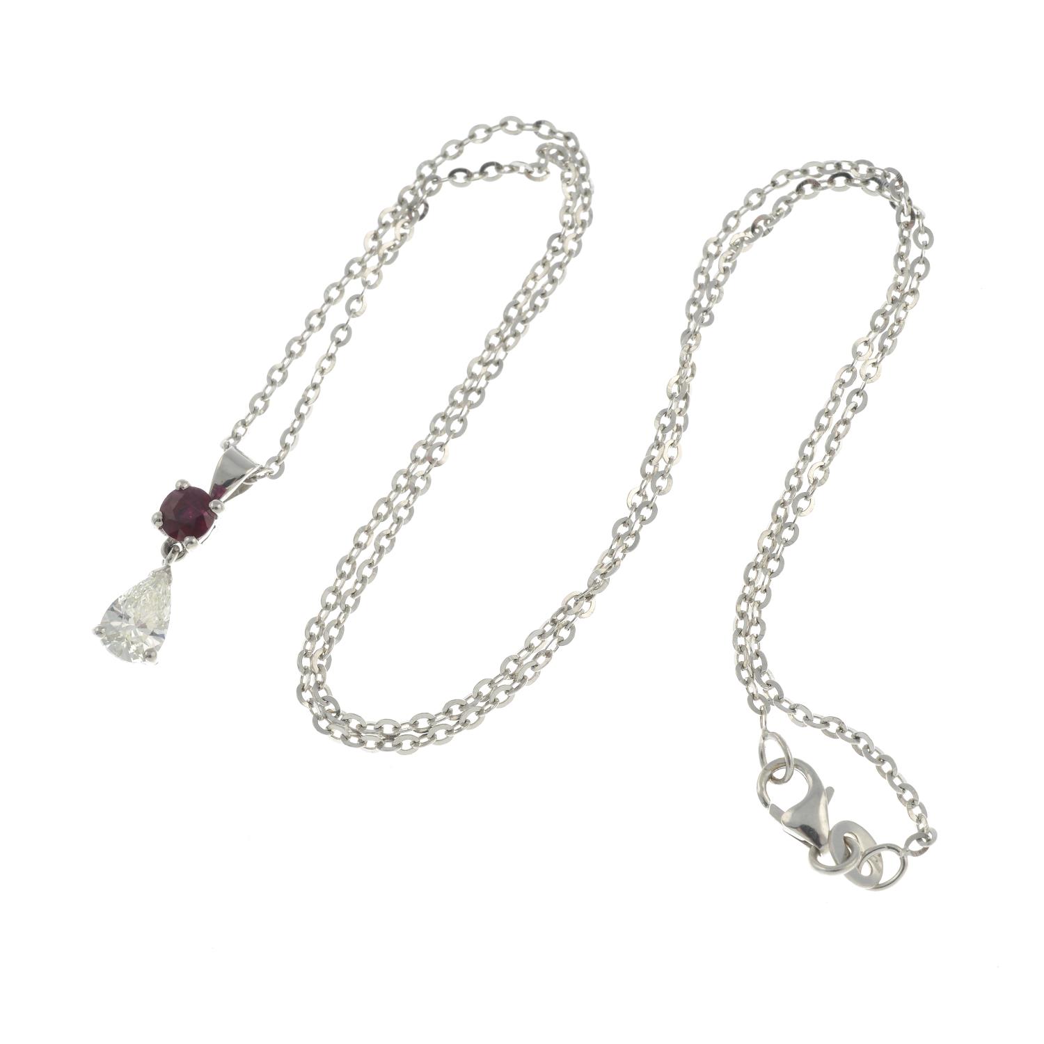 A pear-shape diamond and ruby pendant, with chain. - Image 2 of 2