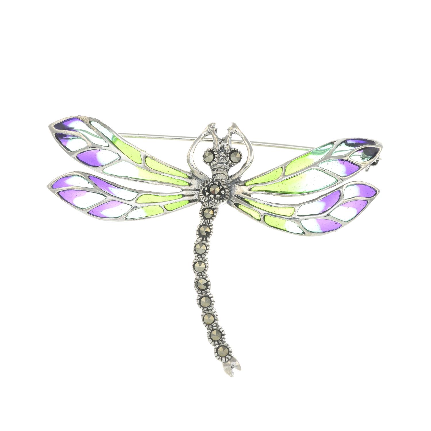 A pyrite and plique-a-jour enamel brooch, depicting a dragonfly.May be worn as a pendant.