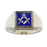 A silver Masonic and enamel swivel ring.Hallmarks for Birmingham, 2008.Ring size R1/2.