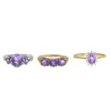 Amethyst three-stone ring, hallmarks for Birmingham, 2007, ring size L, 2.2gms.