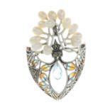 A fresh water cultured pearl, pyrite and blue topaz plique-a-jour brooch.May be worn as a pendant.