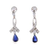 A pair of sapphire and diamond drop earrings.