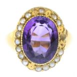 An amethyst and split pearl cluster ring.Ring size T1/2.