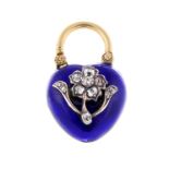 A mid Victorian gold and enamel heart-shape lock pendant, with old-cut diamond floral highlight.