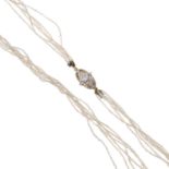 A seed pearl multi-strand necklace, with diamond clasp.