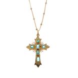 An emerald cross pendant, with bi-colour bead accent chain.Chain stamped 750.