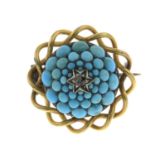 A late Victorian turquoise cluster brooch, with rose-cut diamond accent.