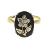 A late 19th century gold rose-cut diamond and onyx mourning ring.Stamped 18.Ring size I.