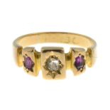 A late 19th century 18ct gold ruby and diamond three-stone ring, with band replacement.