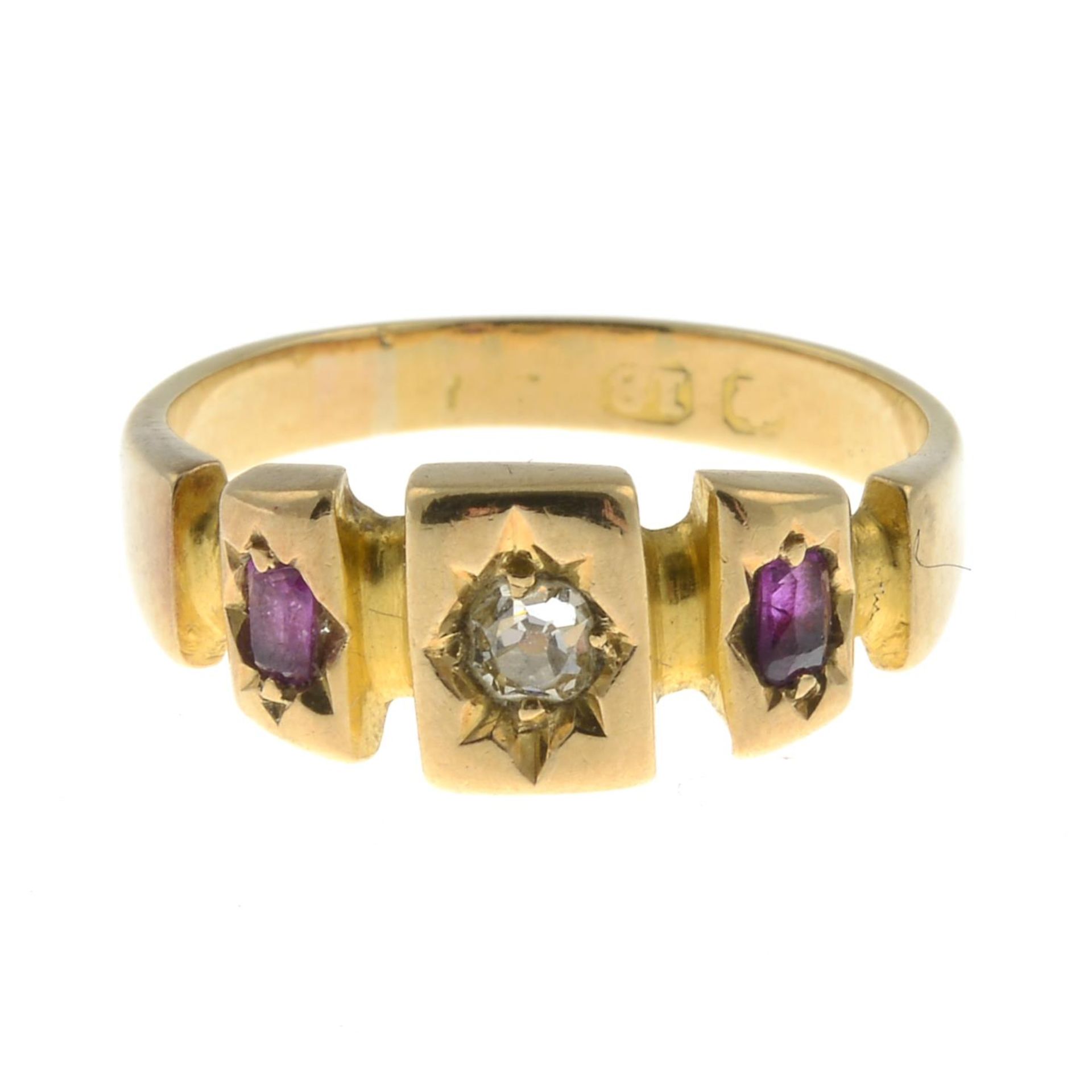 A late 19th century 18ct gold ruby and diamond three-stone ring, with band replacement.