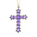 An amethyst and diamond cross pendant,