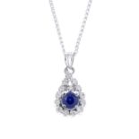 An 18ct gold sapphire and diamond cluster pendant, with chain.