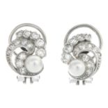 A pair of mid 20th century cultured pearl and brilliant-cut diamond earrings.Estimated total