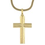 A cross pendant, suspended from a fancy-link chain.Chain AF.Pendant stamped 750.