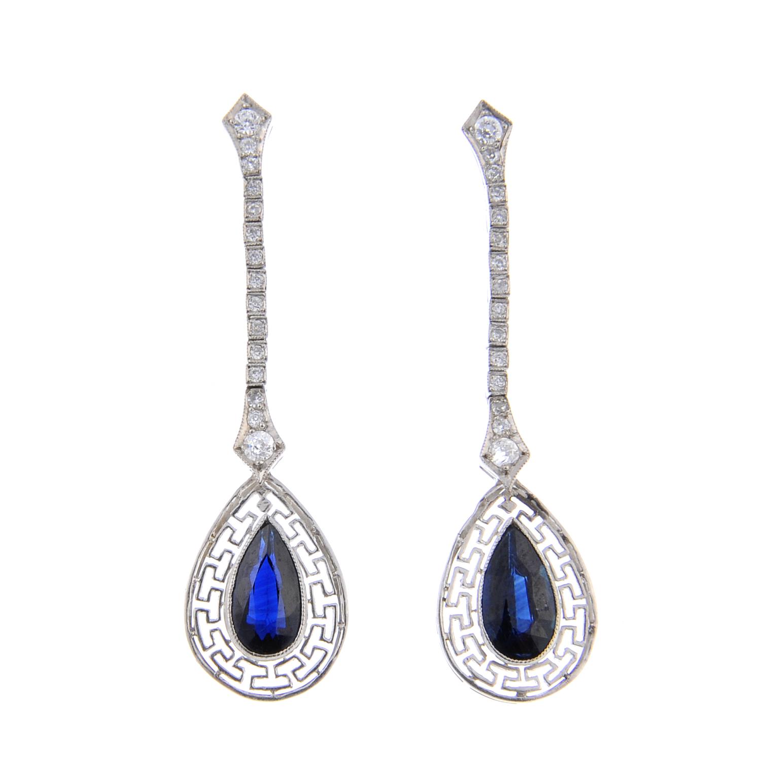 A pair of sapphire and diamond drop earrings.Estimated total diamond weight 0.30ct.