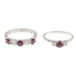 Ruby and diamond three-stone ring,