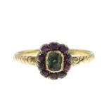 A late Georgian gold ruby and green gem cluster ring.Ring size N.