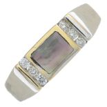An 18ct gold mother-of-pearl and diamond dress ring.Estimated total diamond weight 0.10ct.Hallmarks