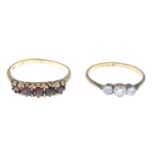 9ct gold garnet five-stone ring, hallmarks for 9ct gold, ring size O, 2.1gms.