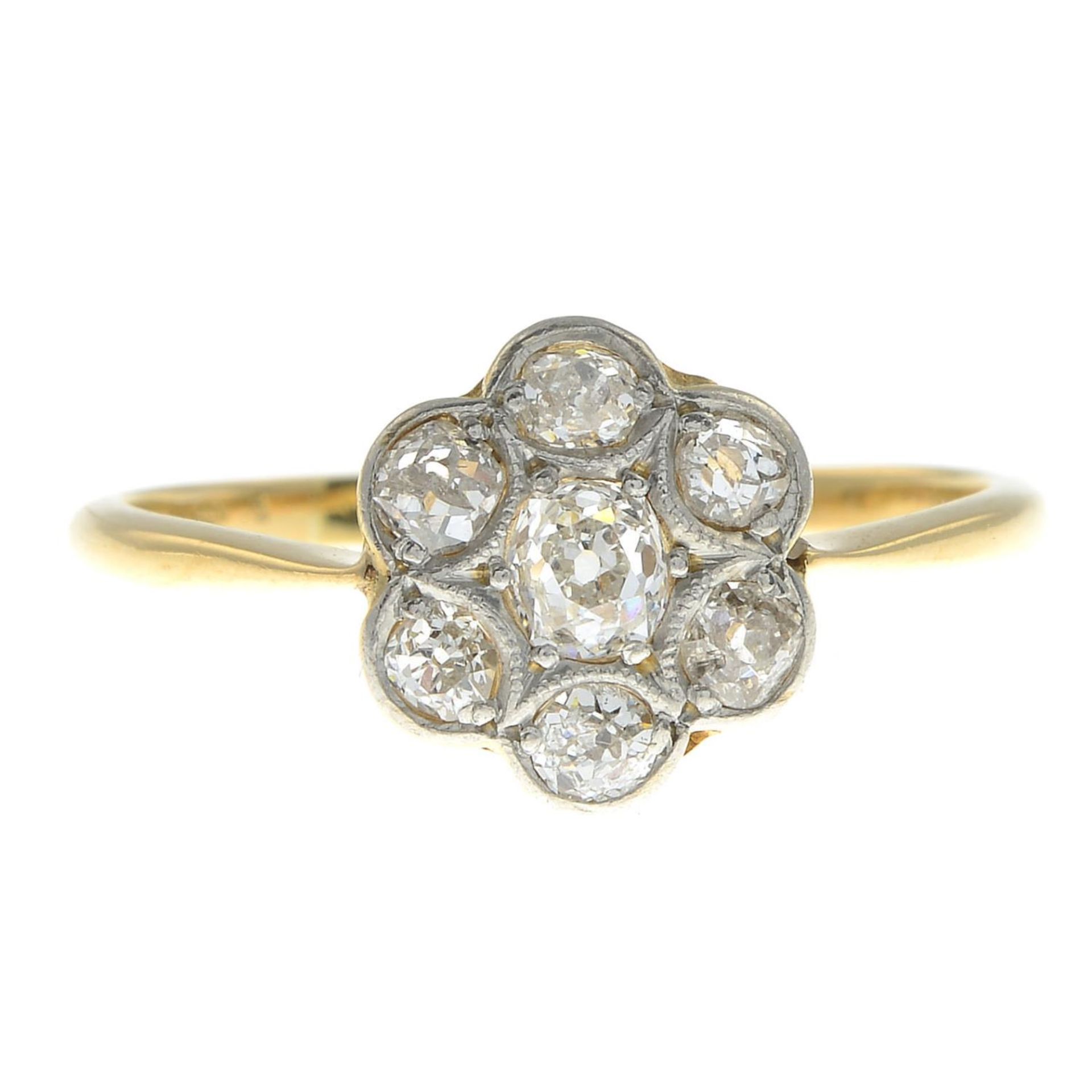 A mid 20th century diamond cluster ring.Estimated total diamond weight 0.55ct,