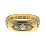 A late Victorian 18ct gold split pearl and diamond dress ring.Estimated total diamond weight