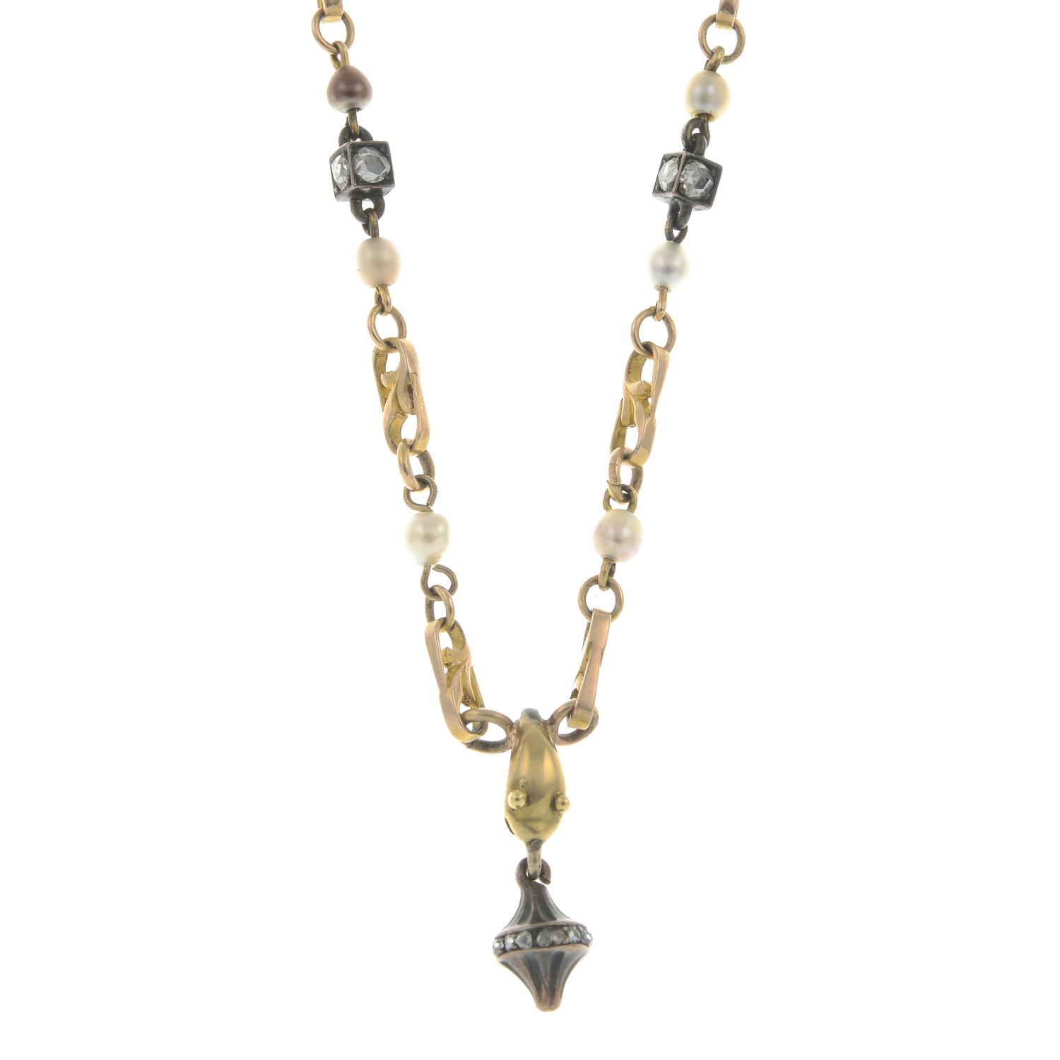 A seed pearl and rose-cut diamond necklace, with snake pendant.Length 46cms.