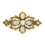 A 9ct gold opal and cultured pearl brooch.Hallmarks for London, 1994.Length 3.7cms.
