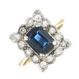 A rectangular-shape sapphire and circular-cut diamond cluster ring.Sapphire calculated weight