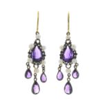 A pair of seed pearl and amethyst earrings.Length 5.2cms.