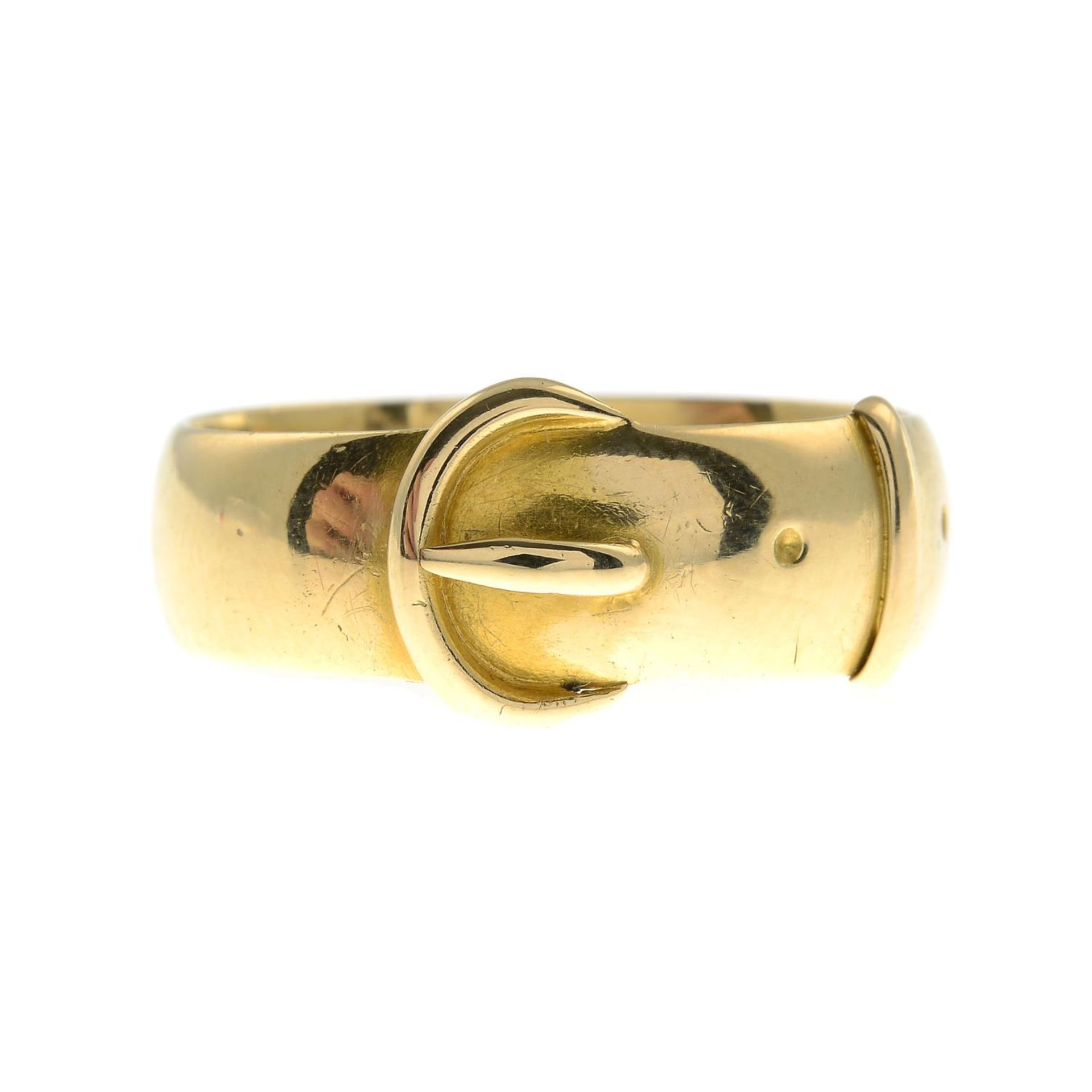 A late Victorian 18ct gold buckle ring.Hallmarks for London, 1888.Ring size U.