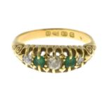 A late Victorian 18ct gold emerald and diamond five-stone ring.