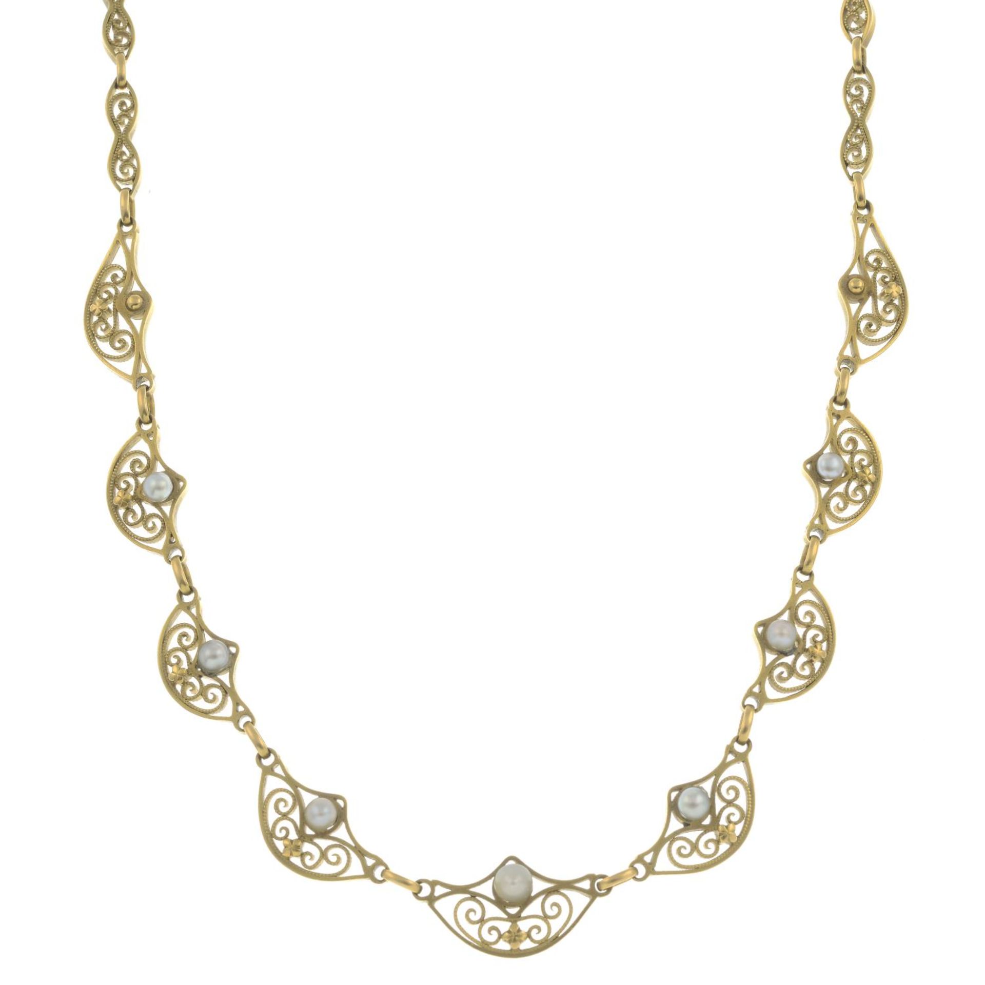 A late 19th century 18ct gold and pearl graduated necklace.French assay marks.Length 43.5cms.