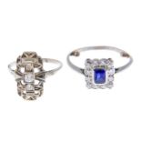 Two mid 20th century sapphire and diamond rings.