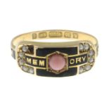 A split pearl, pink gem and enamel memorial ring, with 15ct gold band replacement.